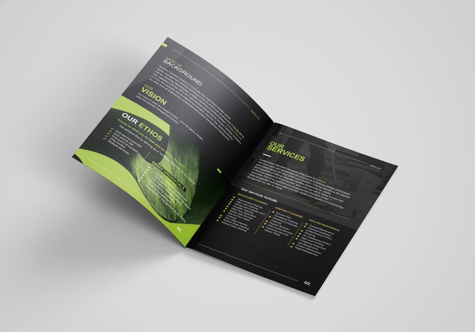 Dimolox company profile brochure spread